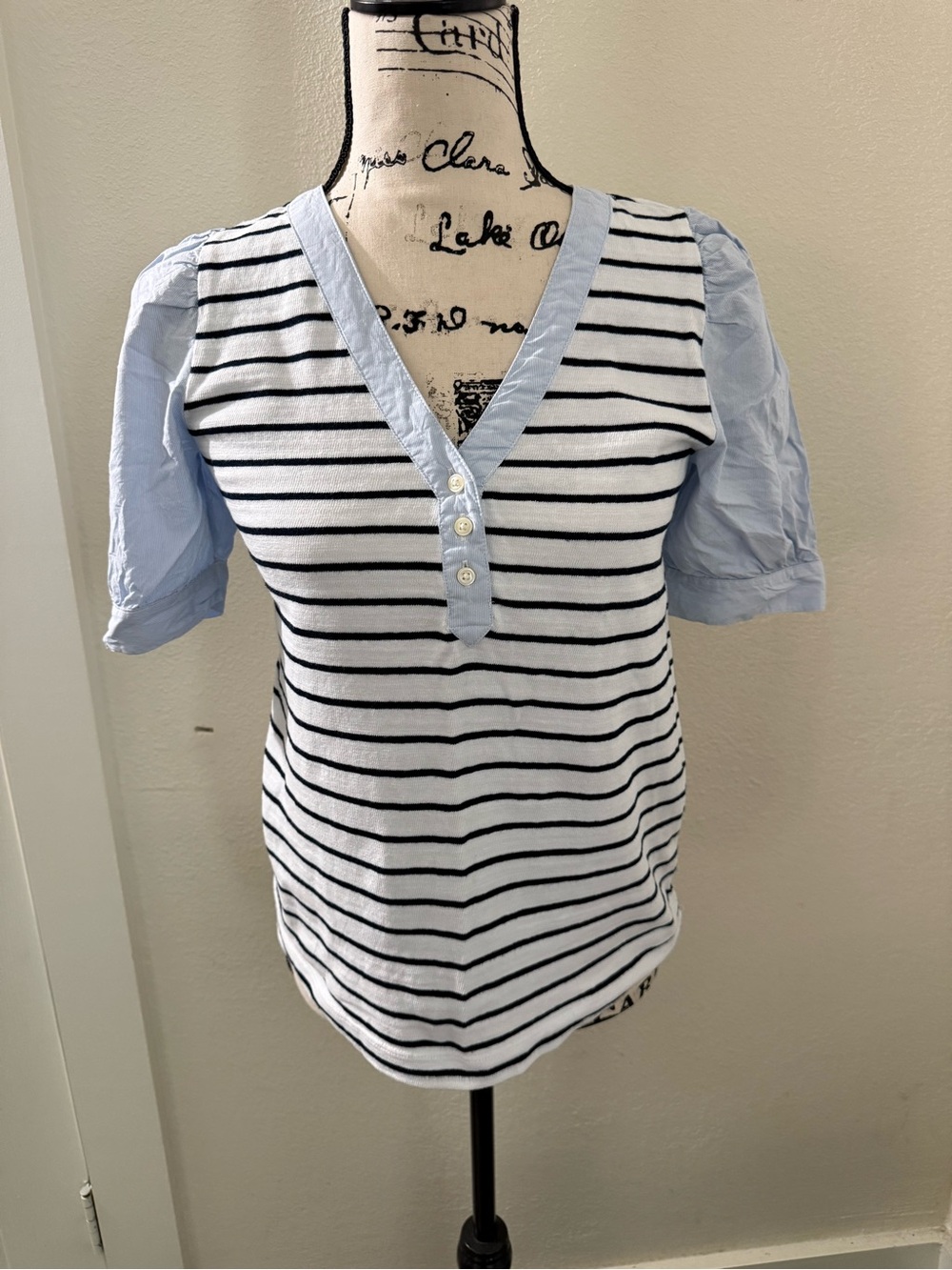 LOFT White & Light Blue Striped V-Neck Puff Sleeve Top